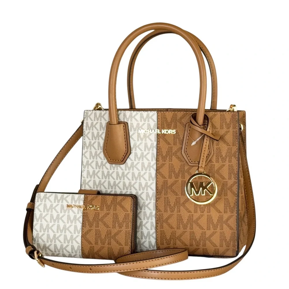 Michael Kors Mercer MD Crossbody Bag + Wallet MK Brown Multi